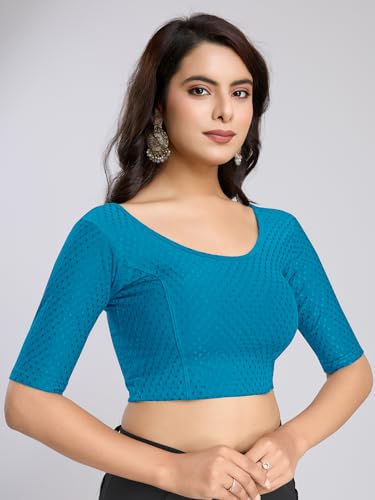 Image of TRENDMALLS Women's Dobby Pure Cotton Elastin Stretchable Readymade Round Neck Elbow Length Sleeves Blouse Choli Stylish Saree Blouse Ready to Wear