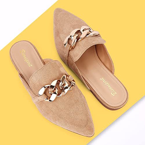 Bison Spirit Mules For Women Flats Pointed Toe Slip On Slides Loafer Shoes (Metal Chain-Brown Suede,8) #TOP2