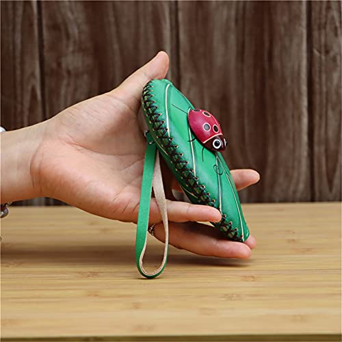 Fanyixuan Ladies Leaf Ladybug Leather Coin Purse Can Put Coin Clutch Bag Handmade Leather Creative Key Case (Green) #TOP6