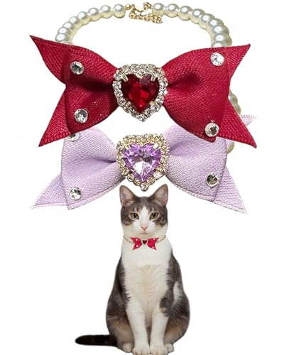 Collar de lujo para gatos con lazo de corazón de cristal y collar de perlas, accesorio ajustable para mascotas para gatos pequeños a medianos (9.8-12.2 pulgadas) (rojo y morado)