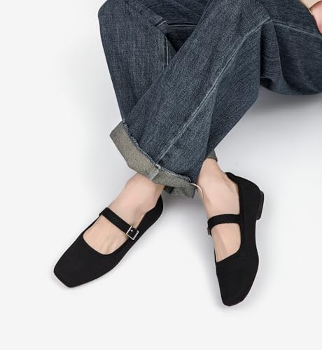Ballet Flats for Women, Square Toe Mary Jane Shoes Comfortable Dressy Flats Adjustable Straps Washable Knit Casual Office Shoes with Arch Support Latex Insole Black2