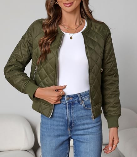 Women's Quilted Jackets Lightweight Zip up Bomber Jacket Long Sleeve Y2K Casual Jacket Coat with Pockets3