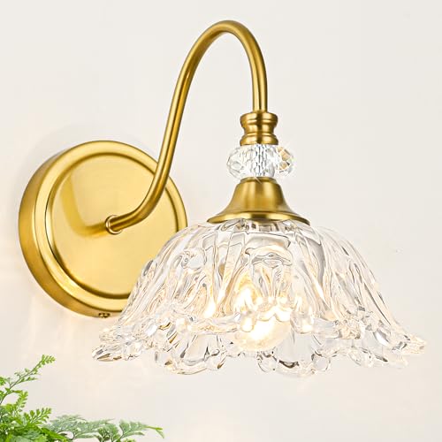 sunkryster 1 Piece Gold Wall Sconce with Floral Clear Glass Shade, Brushed Gold Finish Wall Mount Lighting for Bathroom,Vintage Bathroom Vanity Light Fixtures