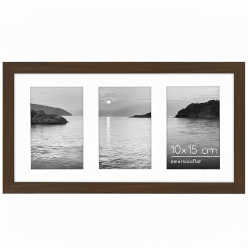 Americanflat Collage de Marco de Fotos 10x15 cm en Nogal   Portafotos Multiple 20x36 cm para 3 Fotos 10x15 cm en Pared y Mesa   MDF con Vidrio Resistente a los Golpes