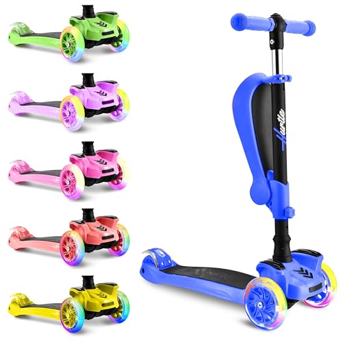 Image of Hurtle 3-Wheeled Scooter for Kids - Wheel LED Lights, Adjustable Lean-to-Steer Handlebar, and Foldable Seat - Sit or Stand Ride with Brake for Boys and Girls Ages 1-14 Years Old