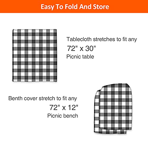 Picnic Table And Bench Fitted Tablecloth Cover, 3-Piece Set, Kenobee Flannel Backing Elastic Edge Waterproof Wipeable Plastic Cover Vinyl Tablecloth For Home Goods Indoor Outdoor Patio, Black-White #TOP4
