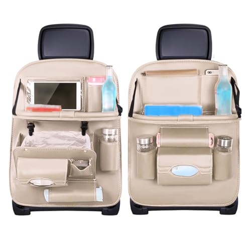 Pack of 2 Car Seat Organiser Backrest Protector, Car Back Seat Organiser Children, Faux Leather, Beige, Anti-Kick, Multifunctional, Waterproof, with Folding Table Tablet Compartment, 8 Pockets, Large