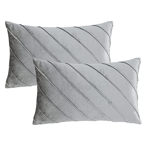 Image of GIGIZAZA Decorative Velvet Pillow Covers 12x20, Set of 2 Silver Grey Sofa Couch Lumbar Throw Pillows Covers Cases, Living Room Square Cushion Accent Stripe Covers