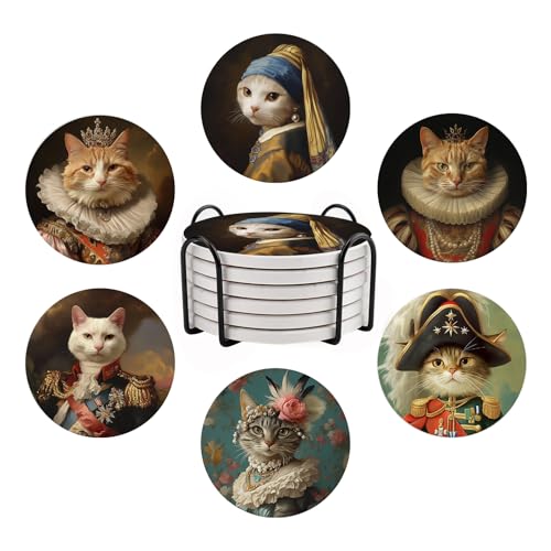 Funny Cat Coasters for Drinks Ceramic Coasters for Drinks Set of 6 Drink Coasters with Metal Holder Absorbent Round Non-Slip Drink Coffee Bar Mug Cup Coaster Decoration Gifts