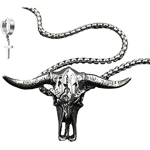Igtazy Bull Head Skull Necklace,Vintage Gothic Bull Titanium Stainless Steel Pendant Necklace and Cross Earing,Hip Hop Jewelry for Men Iced Out Cover