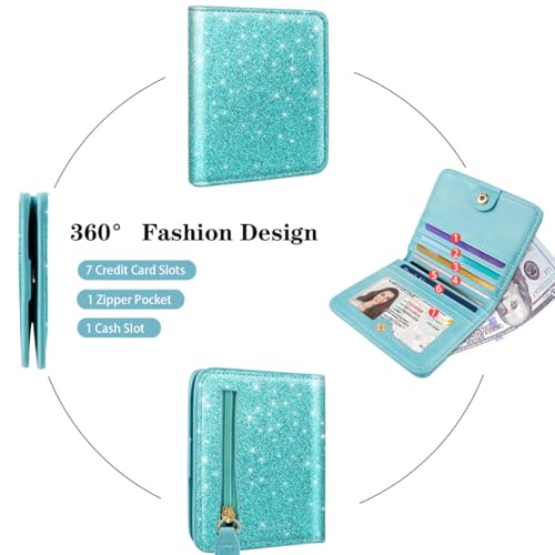 Image of Small Womens Glitter Wallet Thin Credit Card Holder Pocket | Compact Women Slim RFID Blocking Bling Wallets Bifold Ladies Mini Purse Pocket for Travel & Daily Use, Blue Green