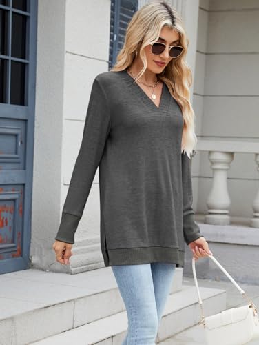 Pull col en V femme fluide pull tunique douce longue pour dissimuler les hanches