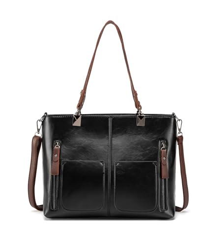 myfriday Vintage Leather Tote Bags for Women Large Capacity Zipper Top-handle Bag Ladies Satchel Bag Shoulder Handbag Purse