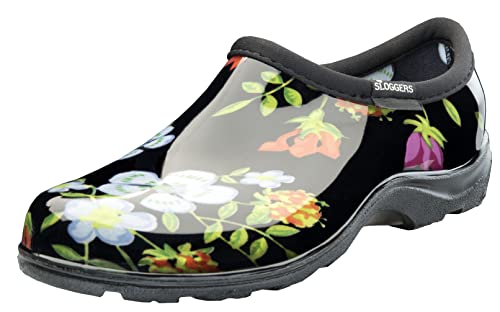 Sloggers Original Waterproof Rain and Garden Shoe for Women– Outdoor Slip-On Garden Clog - Made in The USA with Premium Comfort Insole and Arch Support - Meadow Print Black, Size 9