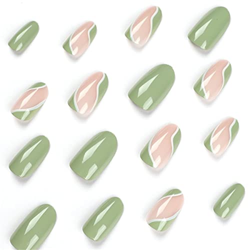 Sixdian Green Press On Nails Short Almond Fake Nails With Design, Glue On Nails Full Cover Glossy Acrylic False Nails, French Green Almond Nail Tips Stick On Fasle Nails For Women And Girls (E Style) #TOP3