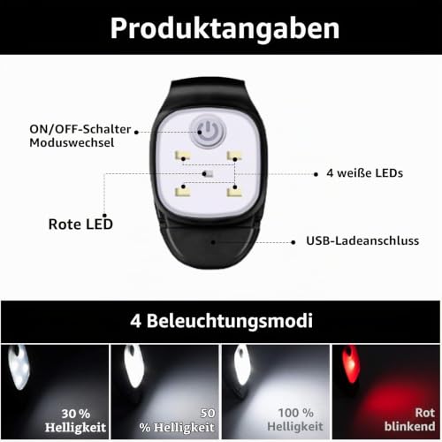 Yuragim LED Clip Lampe,Running Light Lauflicht LED Stirnlampe USB Wiederaufladbar Wasserdicht Kopflampe Kleinstirnlampe Brustlampe… – Ansicht 3