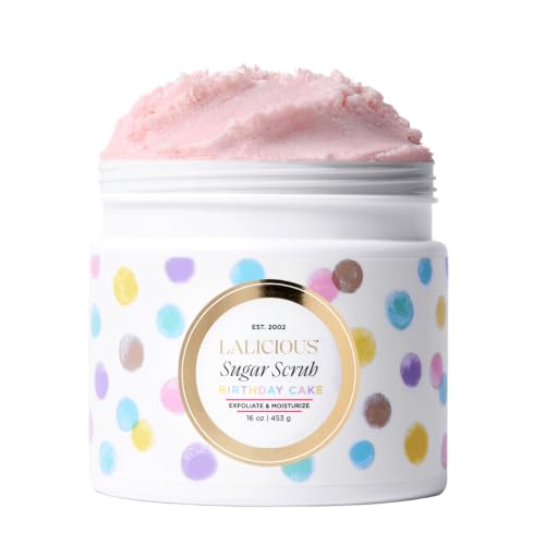LALICIOUS Birthday Cake w Pink Shimmer - Exfoliating & Moisturizing Whipped Body Scrub | Sugar & Coconut Oil | Gently Buffs & Smooths Sensitive Skin | No Parabens | Large 16oz