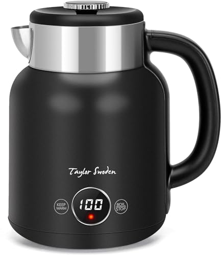 Taylor Swoden Hervidor de Agua Eléctrico, 1.7L doble pared de acero inoxidable Hervidor, 2200W, Ajuste de Temperatura 40-100°C, pantalla LED, Función de aislamiento, Libre de BPA, Negro