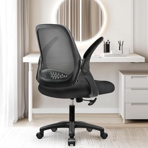 NEO CHAIR Office Desk Chair Computer Gaming Ergonomic Lumbar Back Support with Flip-up Padded Armrest Adjustable Height and Wheels for Home Vanity Bedroom Study (All Black)