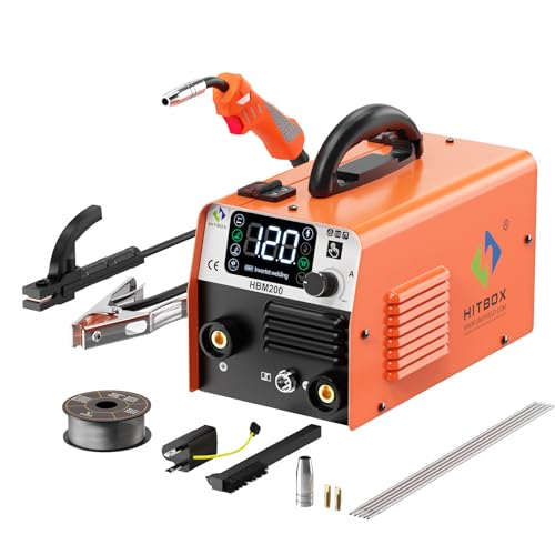 HITBOX HBM200 半自動溶接機 100V 200V兼用 1台3役 アーク溶接機 小型 家庭用溶接機 最大出力200A 薄板と板厚対応 ノンガスMIG/被覆アークMMA/LIFT TIG 溶接 定格使用率40% インバーター 溶接ワイヤー付き DIY 液晶ディスプレイ 車両メンテナンス アウトドア作業 初心者向け 軽量 溶接練習 日本語取扱説明書付き