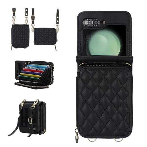 Housse en cuir noir pour Samsung Galaxy Z Flip 5 4 3 avec finitions couture et lanière chic