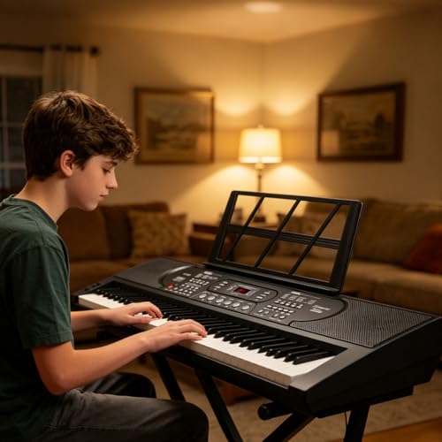 Image of 61 Key Portable Keyboard Piano with Stand, Electronic Keyboard Piano Kit, Microphone, Note Stickers, Music Rest, Digital Music Keyboard Built-In Speakers for Beginners