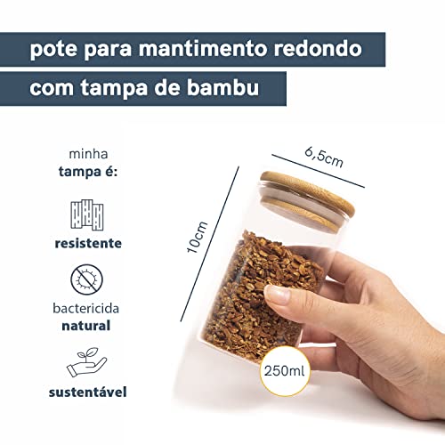 Pote hermético de vidro com tampa de bambu redondo flat 250ml - Oikos