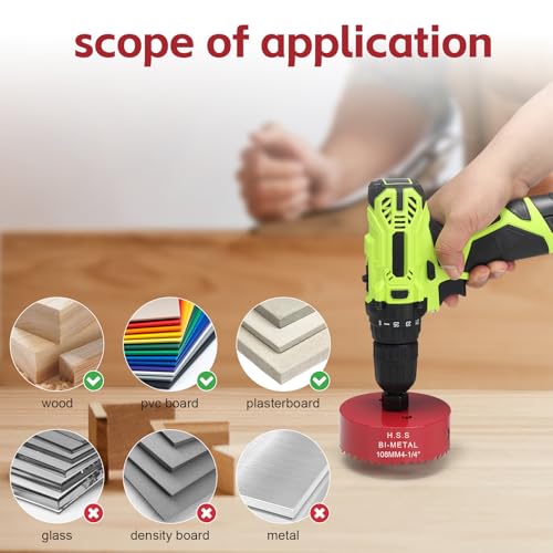 Image of 4-1 /4 Inch Hole Saw for Wood, 108mm HSS BI-Metal Hole Saw for Recessed Lighting, 35mm Cutting Depth Hole Cutter with Hex Shank Drill Bit Adapter for Cornhole Boards Plastic Drywall Fiberboard, Red