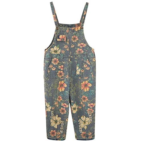 Wssbk Autumn Women Denim Jumpsuit Suspenders Vintage Floral Overalls Elegant (Color : A, Size : L Code) #TOP26