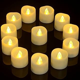 PChero LED Flickering Tea Lights with Timer, 12 Packs Beige Flameless Battery Votive Candles Electric Fake Tealights for Home Party Birthday Halloween Christmas Decoration  Warm White