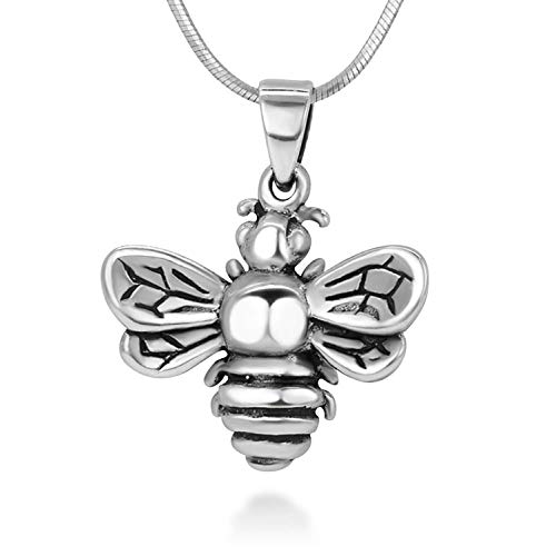 Oxidized Sterling Silver Plated Queen Honey Bee Little Bumblebee Pendant Necklace, 18 inches Chain