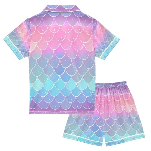 senya Fish Scales Rainbow Satin Summer Pajama Sets Silk Short Sleeve Button Down Sleepwear2