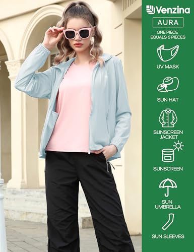 Image of Venzina UPF 150+ Sunscreen Jacket for Women, Stylish Sun Protection Jackets for Women, Cool Feel Quick Dry Sun Hoodie, Modern Fit with Removable Hat & Zip Pocket, for Driving, Camping