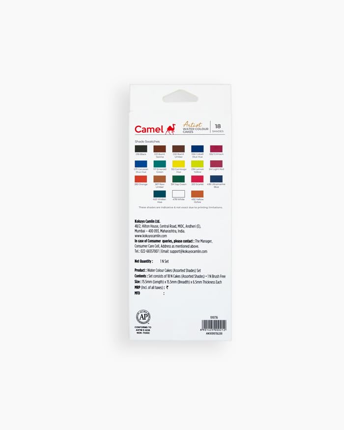 Image of Camel Artist Water Colour Cakes Set of 18 Shades | Premium Watercolour Paint Cakes for Artists, Students & Hobby Painting | Rich Pigmented Water Colours for Paper, Sketching, Illustration & School Art