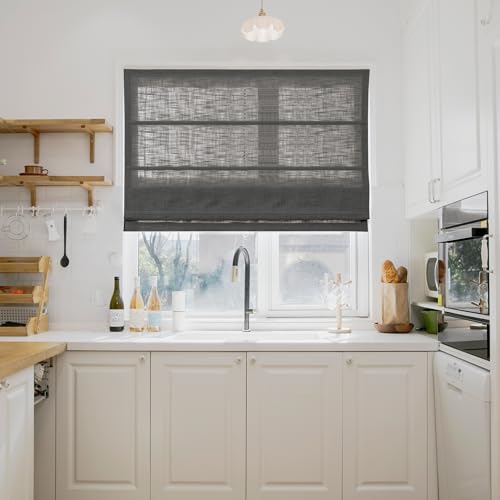 Image of TWOPAGES Liz No Drill Cordless Roman Shades Linen Textured Roman Blinds for Windows, Custom Made Room Darkening Blackout Roman Window Shades, Hardware Included, Chocolate Tart, 1 Piece