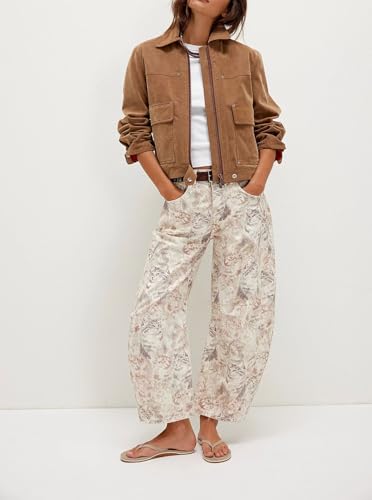 chouyatou Women's Y2k Baggy Wide Leg Denim Pants Boho Floral Printed Boyfriend Barrel Jeans with Pockets2