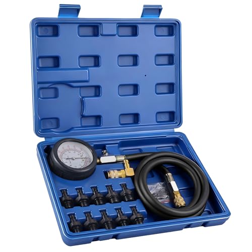 Oil Pressure Tester Kit 0140 PSI Engine Oil Pressure Gauge with Hose & Brass Adapters Automotive Diagnostic Tool for Cars Motorcycles Small Diesel Engines with Storage Case (Blue)