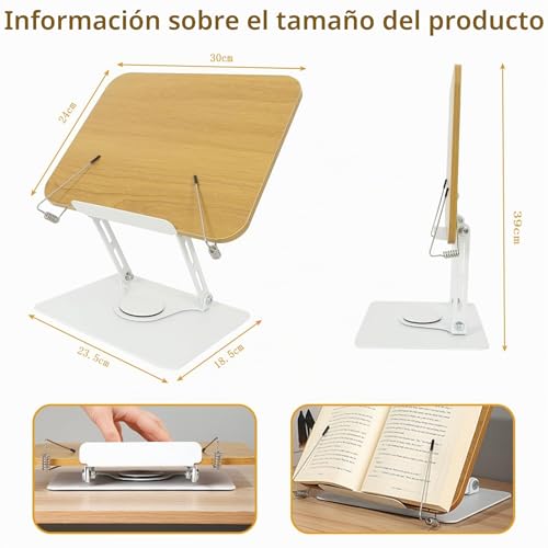 Miniatura 3 de Silvotek Atril Para Libros - Rotación De 360 Atril Estudio Con Base Y Brazo De Aleación De Aluminio Sólido, Panel De Madera Soporte Libros Para Tapa Dura, Receta Y Laptop Ipad