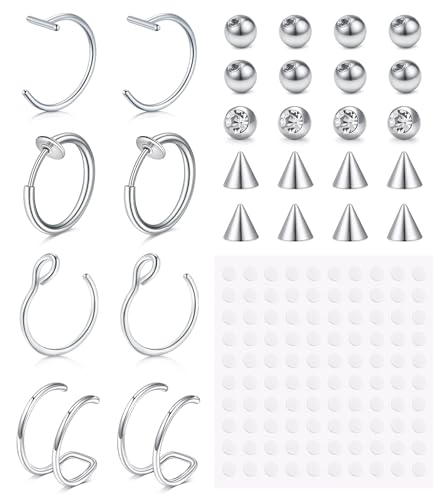 Longita Fake Nose Ring Fake Lip Piercing Non Piercing Lip Ring Hoop Stick on Snake Bites Faux Eyebrow Piercings Clip on Earring Cuffs Small Earring Hoop no Pierced