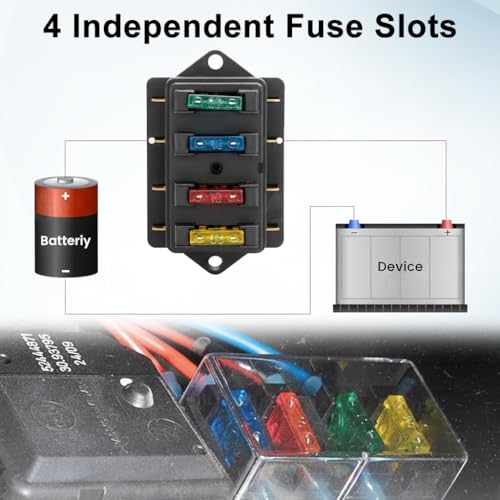 Image of STHIRA 4 Way Blade Fuse Box Holder, 10V-32V DC, Damp-Proof Cover, Black