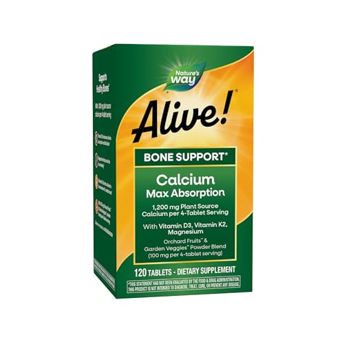 Nature's Way Alive! Calcium Max Absorption, Bone Support*, Plant Source Calcium, Vitamin D3 & K2, Magnesium, 120 Tablets (Packaging May Vary)