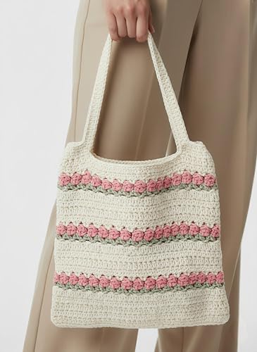 Image of I.F.H Handmade Crochet Tote Bag for Women, Floral Cotton Shoulder Bag, Knitted Crochet Handbag, Lightweight Bohemian Tote Purse for Shopping, Travel & Daily Use