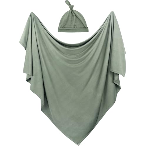 Image of OWLOWLA Swaddle Blanket and Hat Set Newborn Swaddle Wrap Baby Receiving Blanket for Baby Boys Girls(Olive)