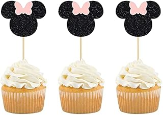 Gyufise Mouse Inspired Cupcake Toppers with Bow Black and Pink Glitter Mouse Cupcake Picks Baby Shower Wedding Kids Birthday Party Cake Decorations Supplies 36 Pack