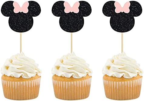 Gyufise Mouse Inspired Cupcake Toppers with Bow Black and Pink Glitter Mouse Cupcake Picks Baby Shower Wedding Kids Birthday Party Cake Decorations Supplies 36 Pack
