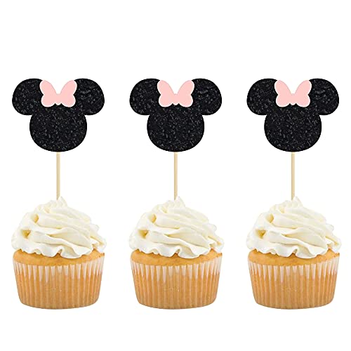 Gyufise Mouse Inspired Cupcake Toppers With Bow Black And Pink Glitter Mouse Cupcake Picks Baby Shower Wedding Kids Birthday Party Cake Decorations Supplies 36 Pack #TOP12