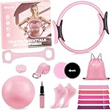 Hoedia Pilates Kit for Women, Pilates Equipment Ring and Ball Set with Resistance Bands, Yoga Strap, Core Sliders, Socks, Bag & Guide for Starter Home Workout Fitness Gym Essentials, Pink