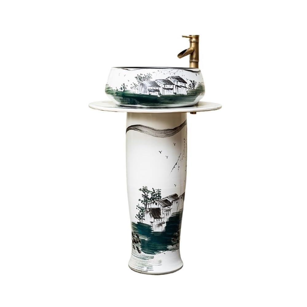 Freestanding Bathroom Sink Bathroom Pedestal Sink Floor-Standing Ceramic Washbasin with Faucet and Drain Kit for Indoor and Outdoor Pedestal Sink