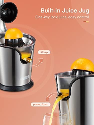 FOHERE Electric Citrus Juicer, Electric Juicer & Orange Juicer with Professional Lever Arm, 160W Quiet Motor, BPA Free, 2 Press Cones for Grapefruit, Orange and Lemon, Silver