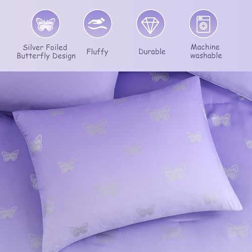 Image of Twin Comforter Set with Sheets for Girls-5 Pieces Twin Bedding Sets | Soft Purple White Gradient Ombre Comforter with Pillowcases & Shams, Silver Butterfly, 66 inch X 86 inch